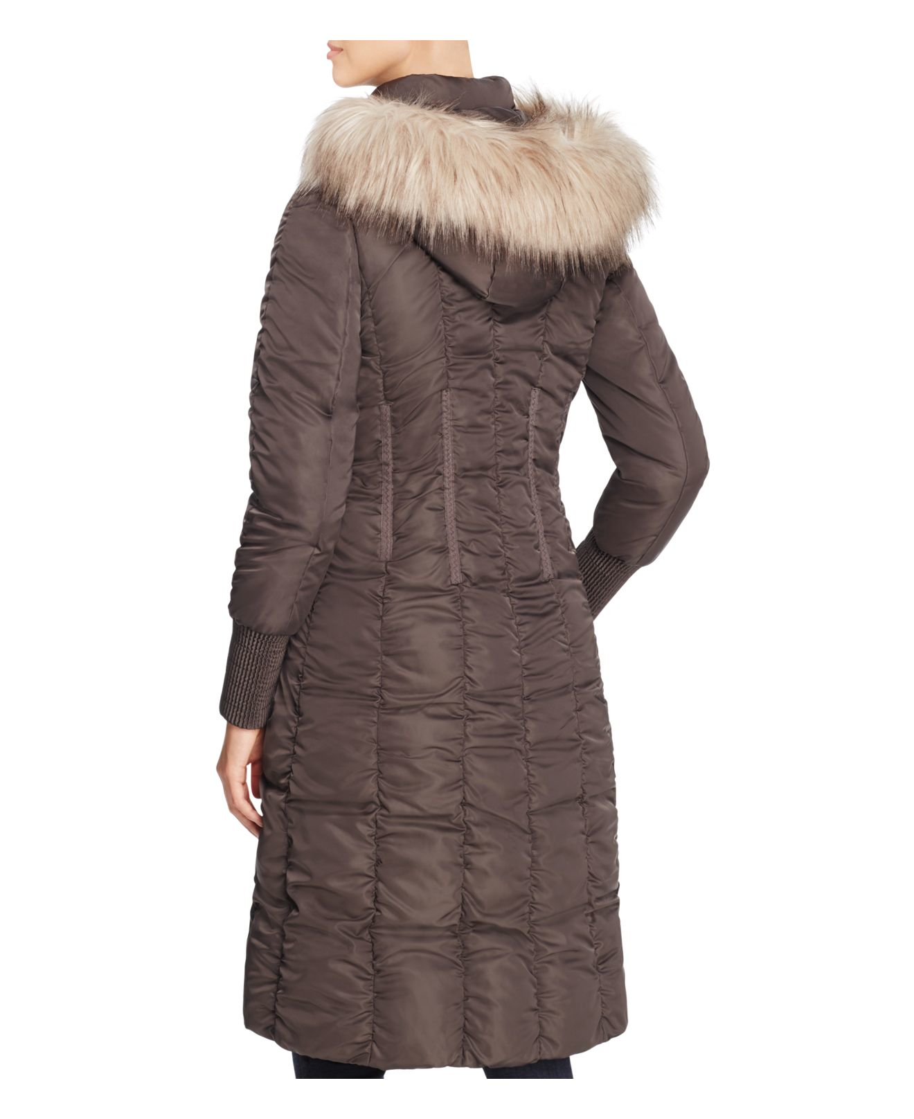 tahari faux fur trim hood long puffer jacket